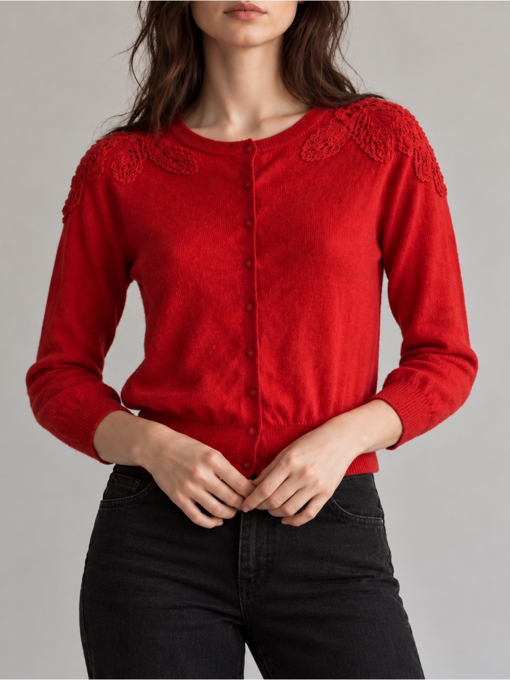 Heritage 1981 Red Cardigan M Crochet Lace Cotton Indie Twee Retro Button Front